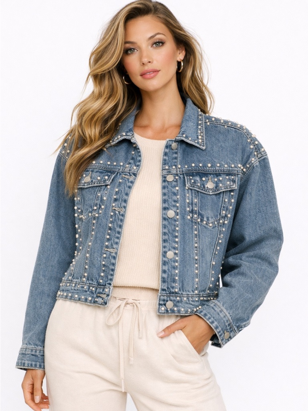 Macaron Pearl Embellished Denim Jacket Light Wash Oversized Medium IP3900